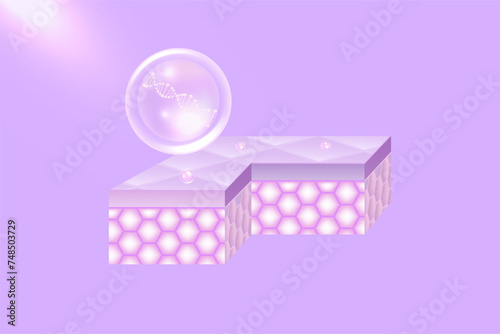 Hyaluronic acid and Niacinamide hair and skin solutions ad, purple collagen serum drops into skin cell with cosmetic advertising background ready to use, illustration vector.	