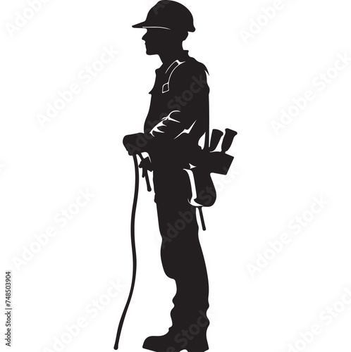 black silhouette of a Electrician with thick outline side view isolated