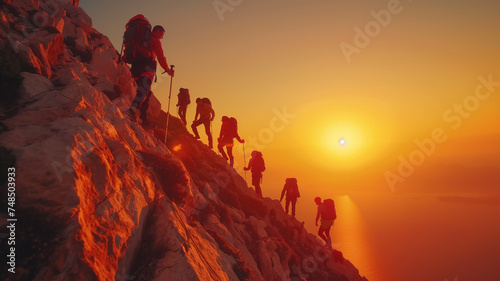 Hikers team climbing up mountain cliff at sunset