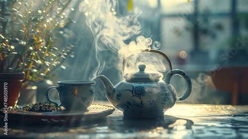 Steam rises from the teapot, signaling readiness for a soothing brew photo