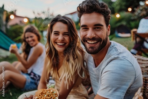 Happy couple man and woman enjoying in movie night with friends in backyard