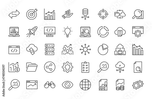 Data analytics line icons set. network, computer, infographic, tech, analysis, finance, chart, marketing. vector illustration. 
editable stroke icon.