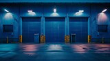 Industrial warehouse doors under watchful lights, secure against vibrant blue