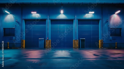Industrial warehouse doors under watchful lights, secure against vibrant blue photo