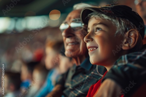 Happy kid watching sports match with his grandfather at stadium © senyumanmu