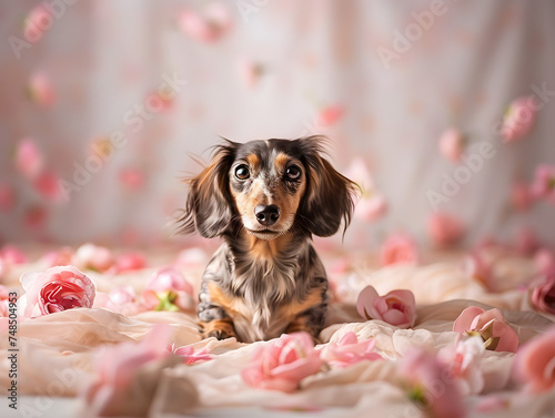 Studio portrait of a dog with roses, generative ai image