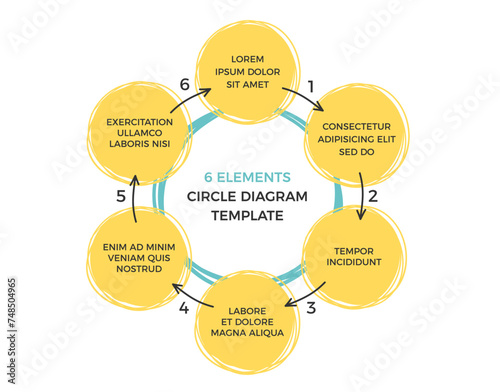 Circle diagram template with six hand drawn circles and arrows, infographic template, vector eps10 illustration