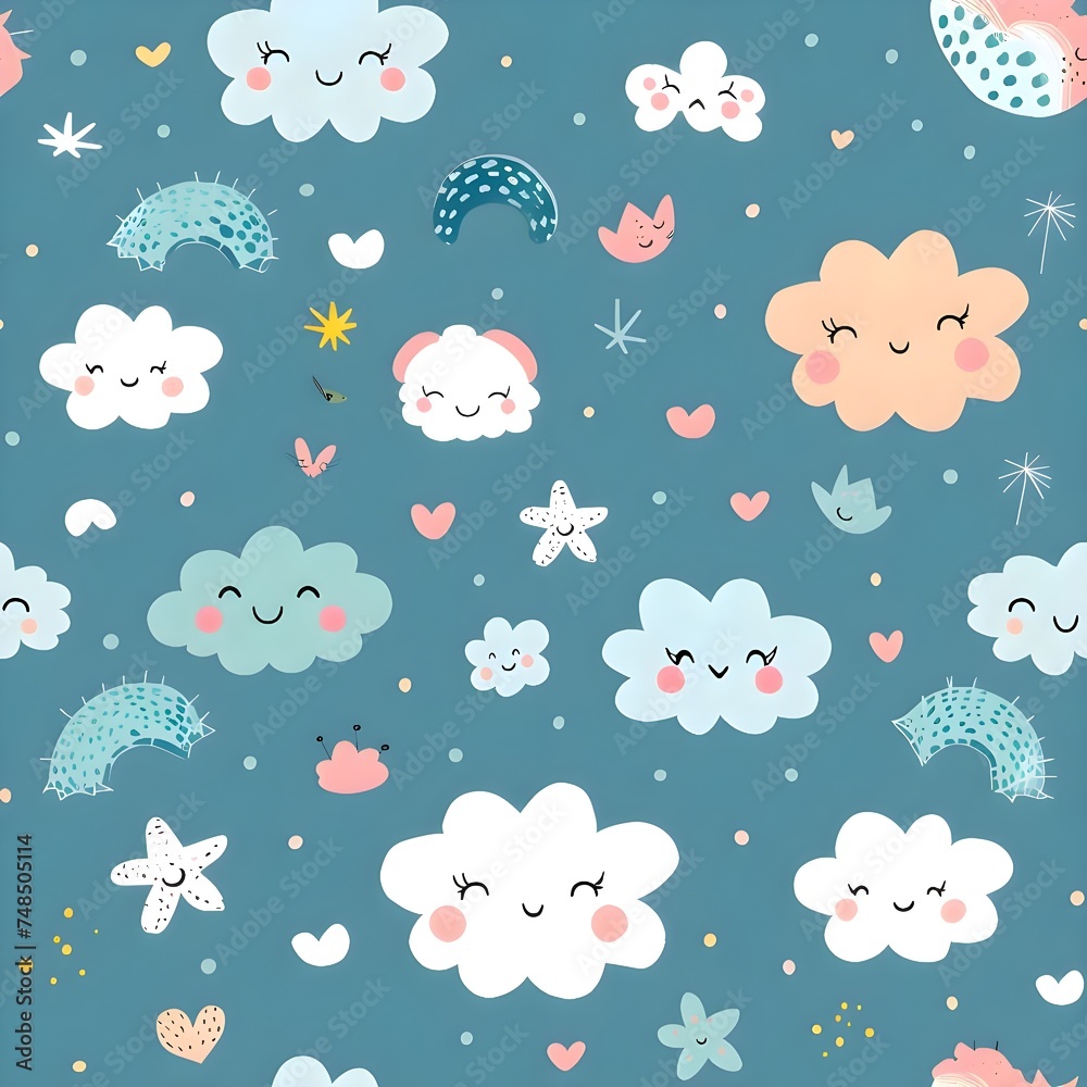 Blue seamless pattern with clouds and rainbows