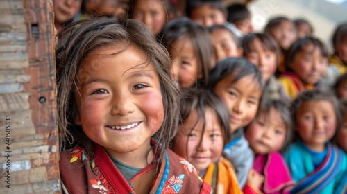 Tibetan Children in a Joyful Village Generative AI photo