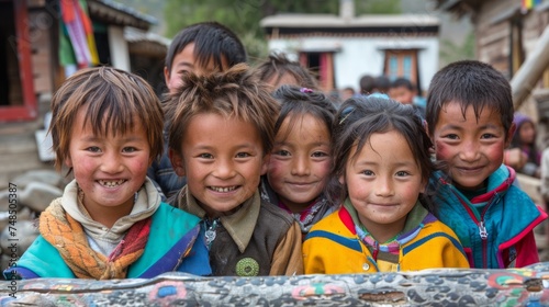 Tibetan Children in a Joyful Village Generative AI photo