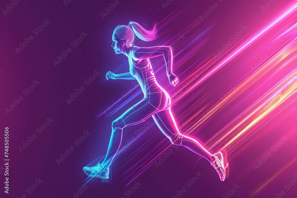 woman Running Neon Light Art, Woman Sprinting Abstract Art, Runner Illustration, Line Drawing, Fast Athlete Portrait, Colorful Design, Track and Field, Fast, Sprints