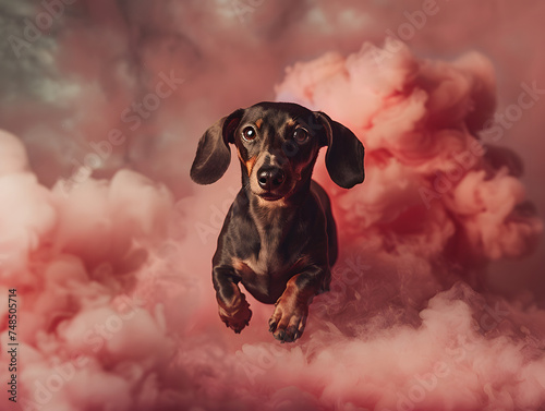 Dog running through cloud of smoke, generative ai image