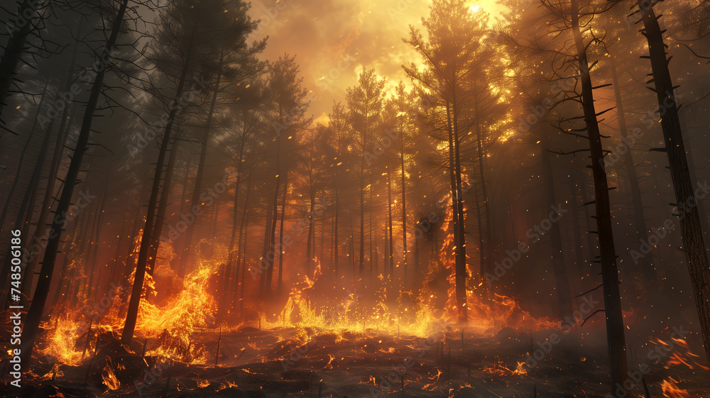 Forest fire, an environmental disaster.