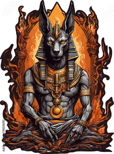 Anubis with root and fire vector illustration for t-shirt, stickers and others.