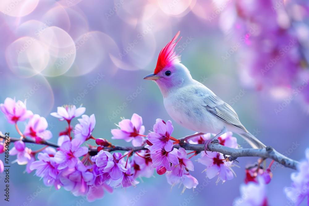 Small bird with a white body and striking red crest perched on a branch adorned with blooming pink flowers, set against a softly blurred background