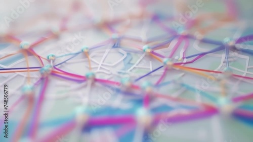 A focused image of a map with colorful lines connecting production facilities to local distribution centers symbolizing the decrease in longdistance transportation and ociated photo