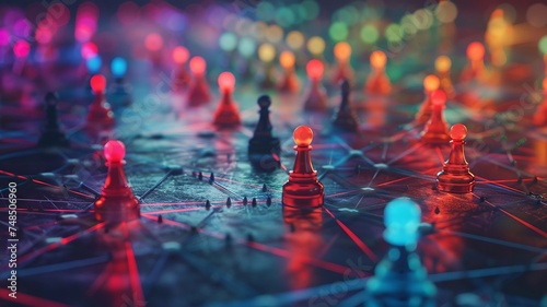 Game pieces stand on a web of networks, plotting courses in a tactical play photo