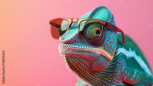 Sunglasses-Wearing Chameleon on a Solid Color Background Generative AI