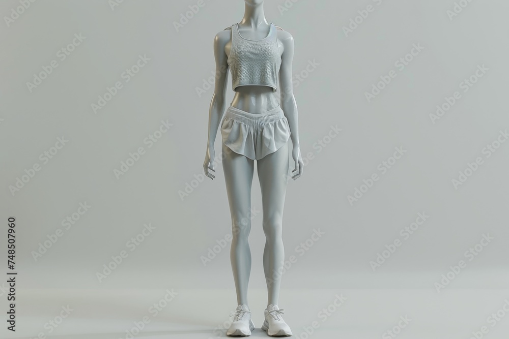 stylish display of a mannequin dressed in a light grey, sporty outfit, paired with white sneakers, set against a minimalist background stylish display of a mannequin dressed in a light grey, sporty outfit, paired with white sneakers, set against a minimalist background
