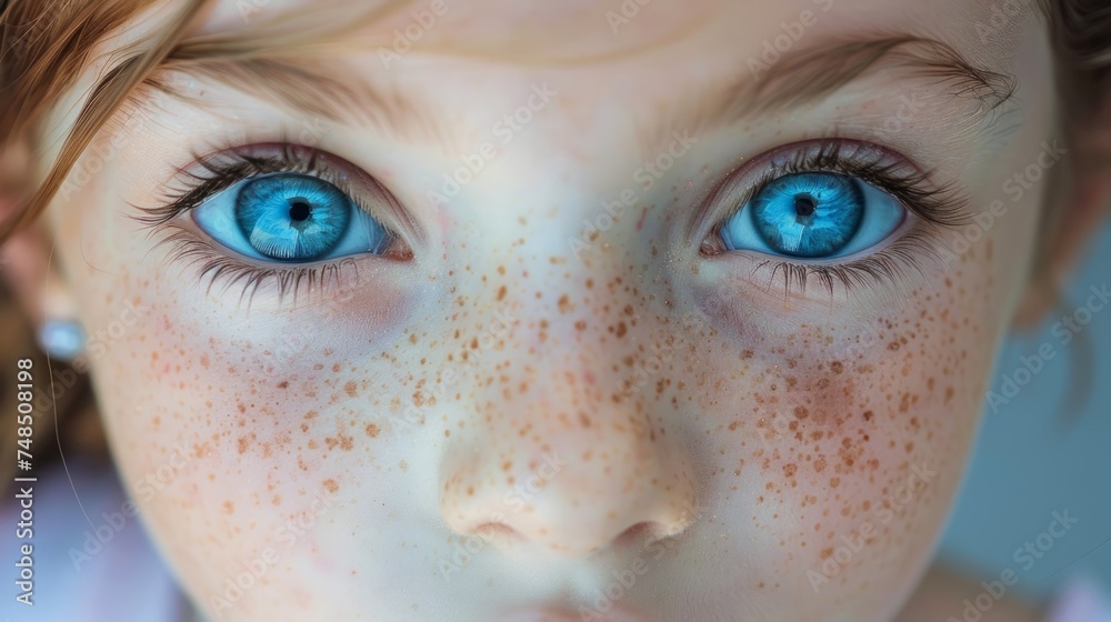 Freckled Beauty: A Close-Up of a Girl's Radiant Eyes Generative AI