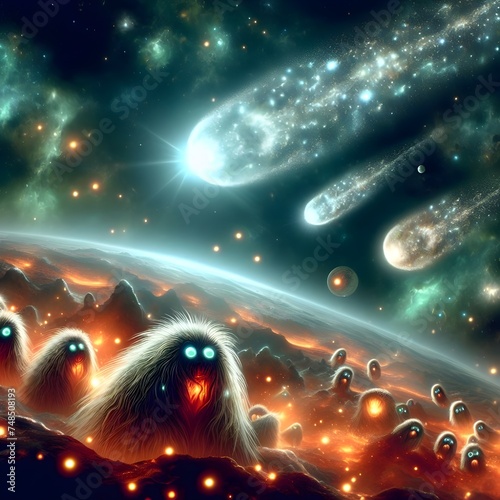 Alien extra-terrestrial life forms, micro-organisms,  floating in cosmic space, outer space photo