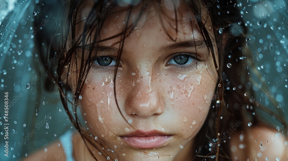 Young Girl Caught in the Rain Generative AI