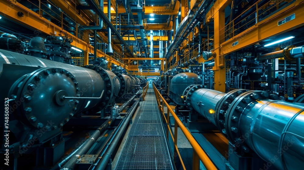 Industrial machinery extends through the factory's expanse Industrial machinery extends through the factory's expanse