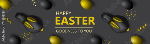 Easter Day design with black realistic decorative rabbits, Easter gold and black eggs and glitter on the black background. Holiday horizontal banner, web poster, flyer, greeting card, sale and promo