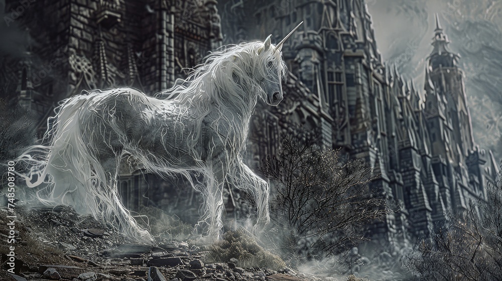 The ghostly unicorn its ethereal form shimmering with malevolent energy haunts the abandoned castle a harbinger of doom for all who dare to enter