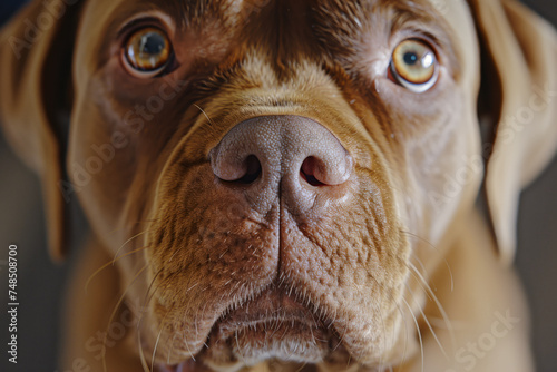 Close-up of a brown dog’s face, expressive eyes, moist nose, and detailed fur