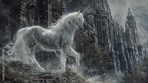 The ghostly unicorn its ethereal form shimmering with malevolent energy haunts the abandoned castle a harbinger of doom for all who dare to enter