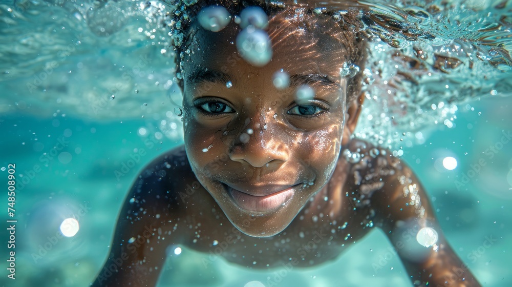 Joyful African American Boy Dives Underwater Generative AI