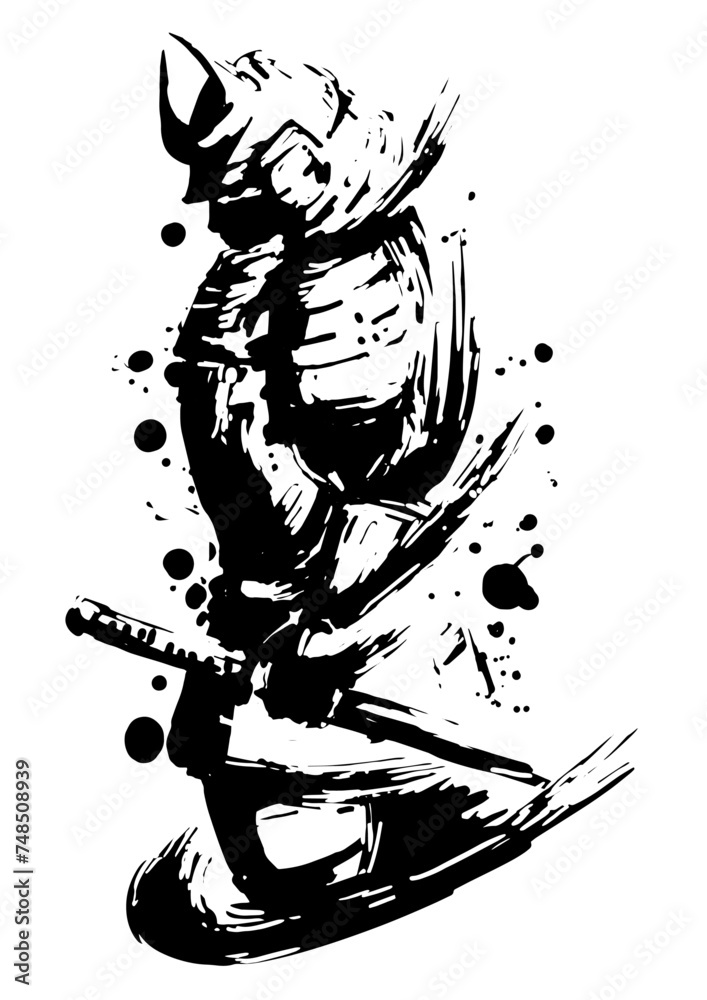横向きの鎧武者の墨絵 横向きの鎧武者の墨絵