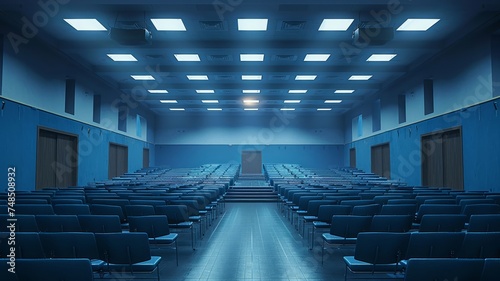 Vast lecture hall stands ready, its blue seats inviting intellectual gatherings