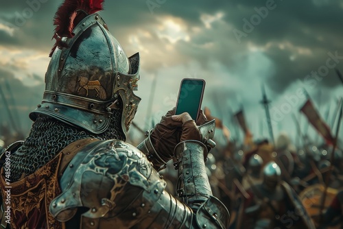 Time traveler using a smartphone during a medieval battle blending eras with technology