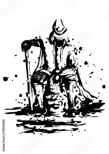 岩場に腰掛ける侍の墨絵