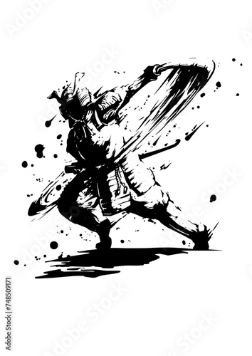 刀を抜く武士の墨絵 © SUZUKI