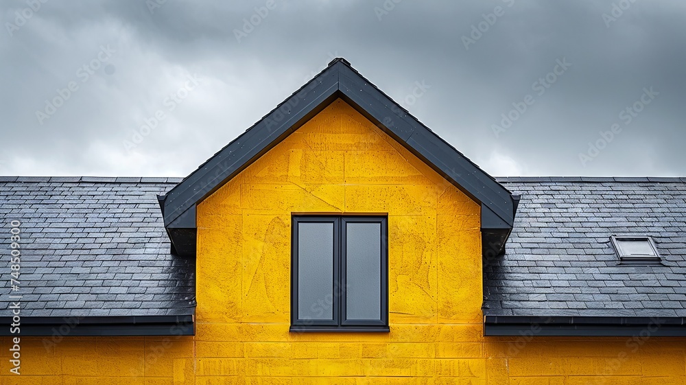 The roof's slates contrast with the bright yellow insulation, under grey skies