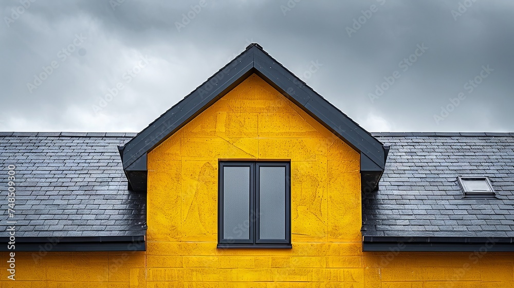 The roof's slates contrast with the bright yellow insulation, under grey skies The roof's slates contrast with the bright yellow insulation, under grey skies