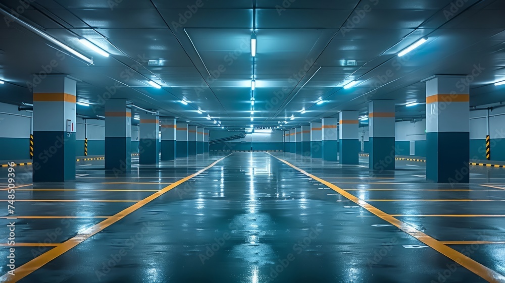 Empty parking garage bathed in fluorescent light stands ready for urban commuters