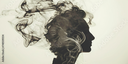 black smoke is blowing out of the top and the bottom in the style of abstract portraits A woman with long hair and a white background that says quota smoke quit  woman with smoke coming out of her hea photo