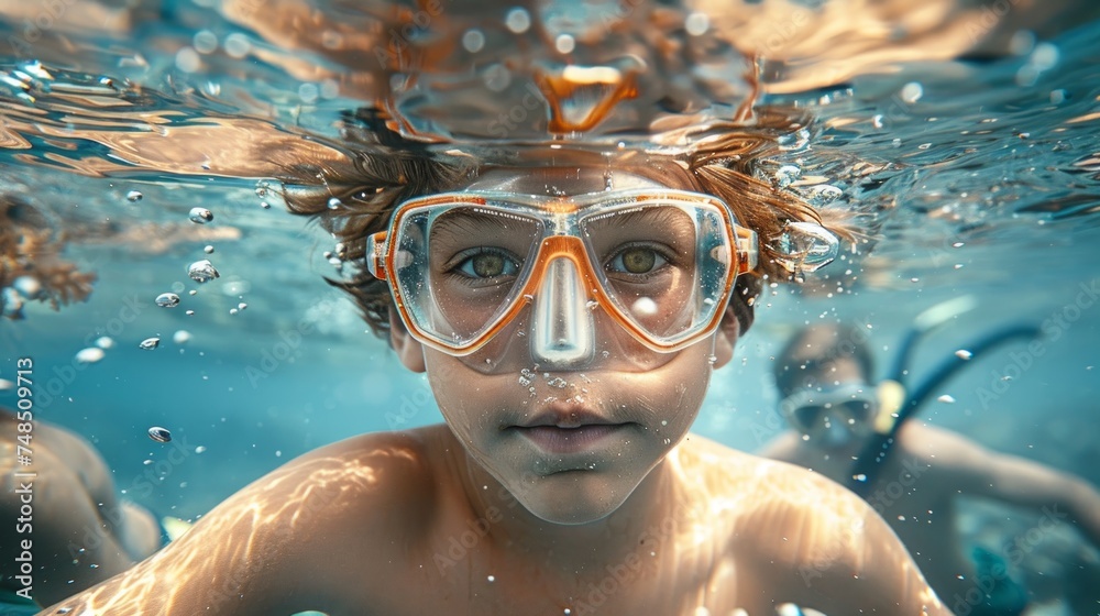 Naklejka premium Young Snorkeler Explores the Underwater World Generative AI