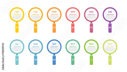 Business step timeline magnifying glass infographic template. Modern milestone element timeline diagram calendar, vector infographics.