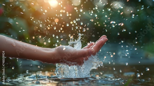 Water Splashing on Hand in Nature Generative AI