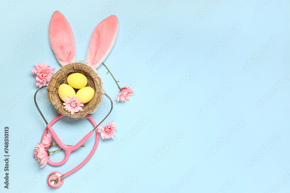 Composition with Easter eggs, bunny ears and medical supplies on color background