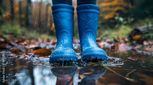 Rubber Boots Splashing in Rain Puddle Generative AI