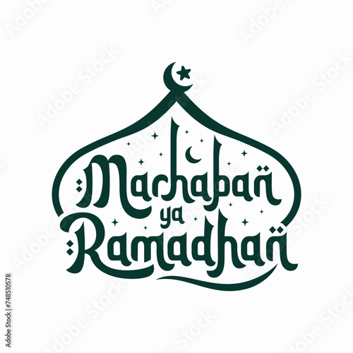 Marhaban Ya Ramadhan greetings in handwritten style and mosque illustrations in an Islamic atmosphere. Translation Welcome Ramadhan, the holy month of Islam. Backgrounds can be used to welcome Ramadan