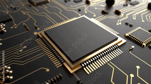 CPU computer chip, motherboard with gold circuit