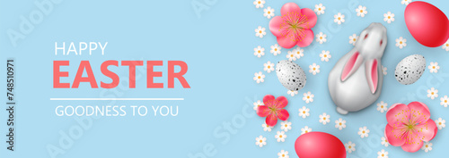 Easter Day design with white realistic decorative rabbits, Easter eggs and pink spring flowers on the blue background. Holiday horizontal banner, web poster, flyer, greeting card, sale and promo banne