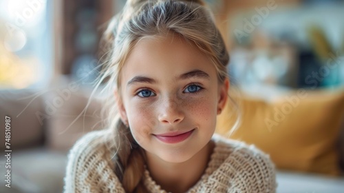 Cheerful Young Girl Posing at Home Generative AI